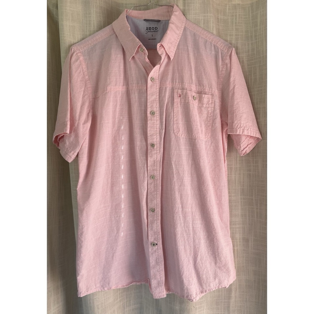 Izod Saltwater Men's L Shirt, Short Sleeve, Pink Pinstripe Button Down